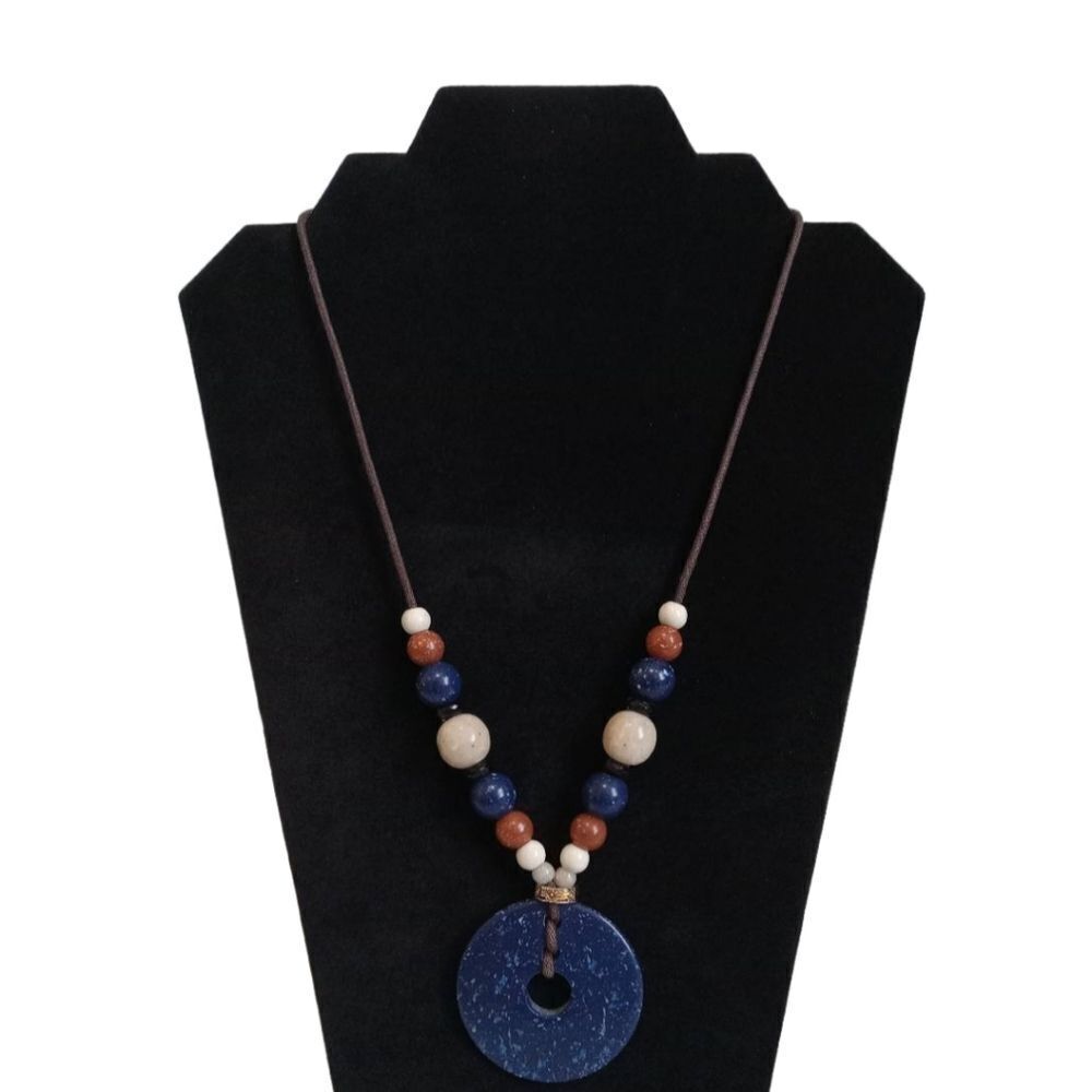 LCI Liz Claiborne Blue Plastic Circle Beaded Pendant Single Strand Boho Necklace